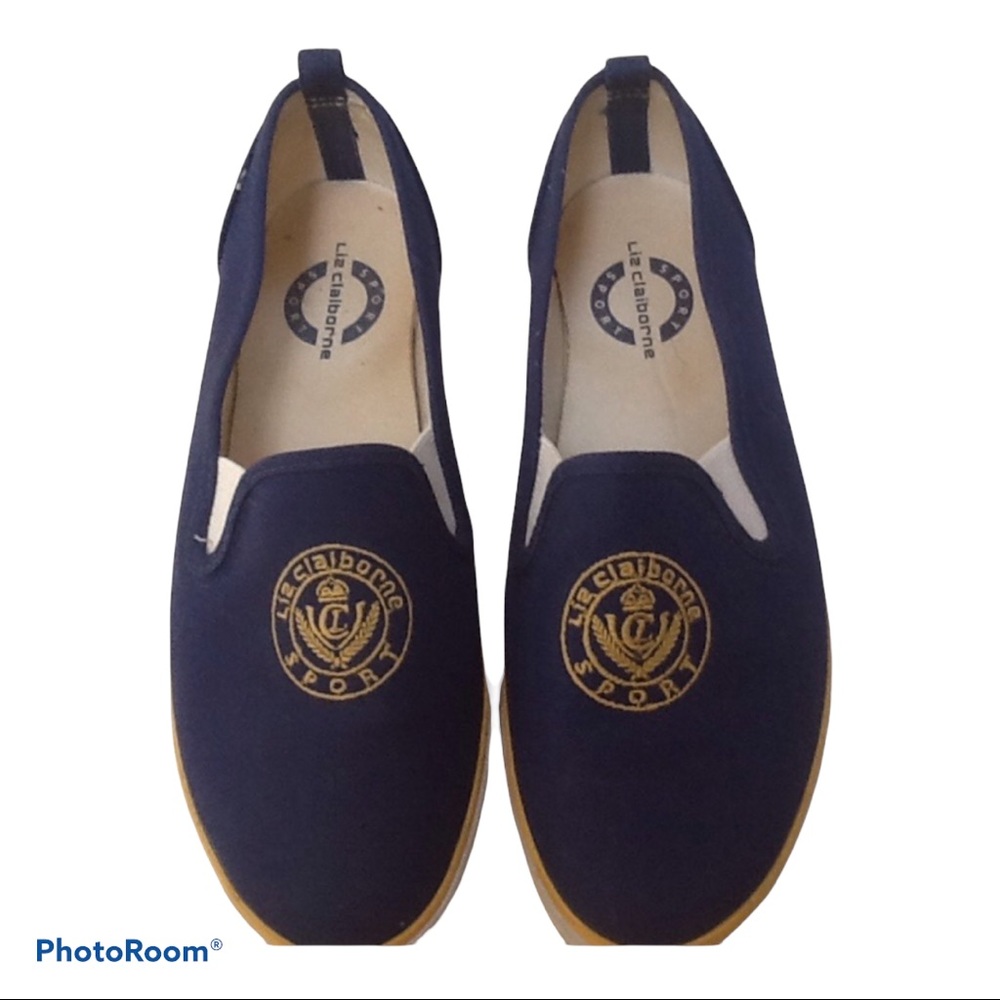 Liz Claiborne Logo Gold Crest Sport Navy Canvas Sneaker Preppy Coastal Grandma